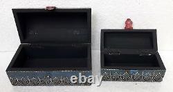 Wooden Box Handmade Embossed Painted Trinket Jeweler Storage Box Set of 2 Art