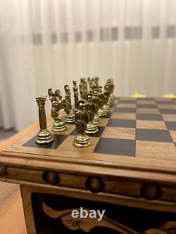 Wooden Chess Box with Hidden Compartment Chest with Metal Stone, Boxed Chess Set