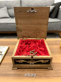 Wooden Chess Box with Hidden Compartment Chest with Metal Stone, Boxed Chess Set