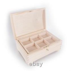 Wooden Chest Memory Keepsake Box with Removable Dividers & Key /Plain Pinewood