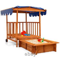 Wooden Retractable Sandbox with Cover Kids Cabana Sand Box Outdoor Playhouse