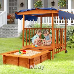 Wooden Retractable Sandbox with Cover Kids Cabana Sand Box Outdoor Playhouse