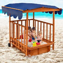 Wooden Retractable Sandbox with Cover Kids Cabana Sand Box Outdoor Playhouse