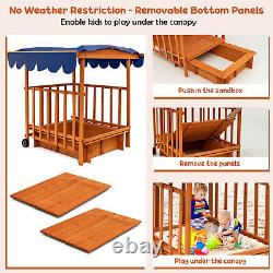 Wooden Retractable Sandbox with Cover Kids Cabana Sand Box Outdoor Playhouse