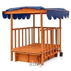 Wooden Retractable Sandbox with Cover Kids Cabana Sand Box Outdoor Playhouse