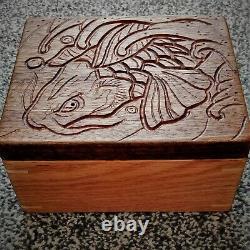 Wooden Rolling Box, Custom Koi Freehand Tattoo Design Engraving, Hand made