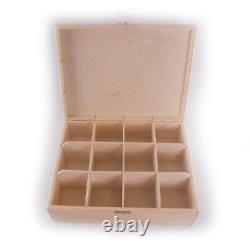 Wooden Storage Box With Lid Clasp & 12 Sections Compartments / Tea Bag Box Craft