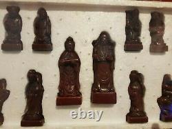 Wooden Vintage Chinese Oriental Chess Set Carved Box Resin Figures 2 Drawers