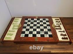 Wooden Vintage Chinese Oriental Chess Set Carved Box Resin Figures 2 Drawers